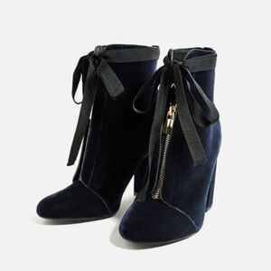Zara Dark Blue Velvet Heeled Ankle Boots